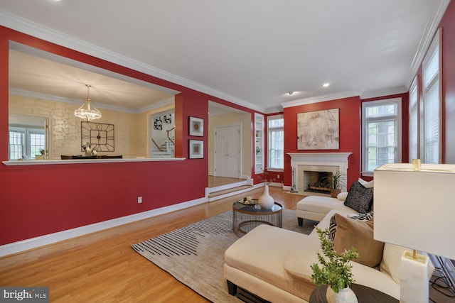 2053 Mayfair Mclean, Falls Church, VA 22043 - living room featuring healthy amount of natural light, wood finished floors, a fireplace with flush hearth, recessed lighting, and crown molding