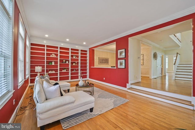 2053 Mayfair Mclean, Falls Church, VA 22043 - living room with baseboards, wood finished floors, ornamental molding, recessed lighting, and stairway