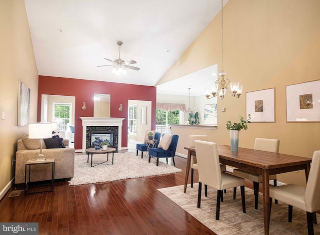 1423 Overlook Way, Bel Air, MD 21014 - dining area featuring dark wood-style flooring, high vaulted ceiling, baseboards, ceiling fan, and a premium fireplace