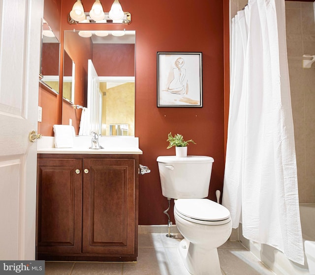 1423 Overlook Way, Bel Air, MD 21014 - bathroom with toilet, vanity, tile patterned floors, shower / bath combo with shower curtain, and baseboards