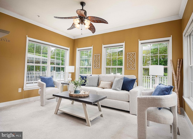 1423 Overlook Way, Bel Air, MD 21014 - living area featuring ceiling fan, plenty of natural light, baseboards, ornamental molding, and light colored carpet