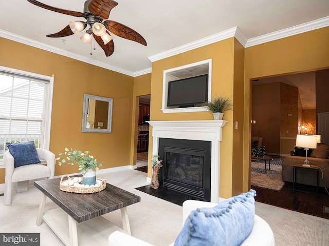 1423 Overlook Way, Bel Air, MD 21014 - carpeted living room with crown molding, ceiling fan, a fireplace with flush hearth, and baseboards