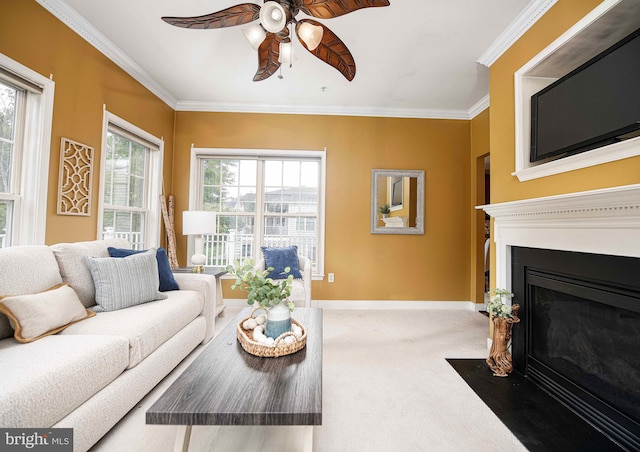 1423 Overlook Way, Bel Air, MD 21014 - carpeted living area with ceiling fan, crown molding, baseboards, and a fireplace with flush hearth