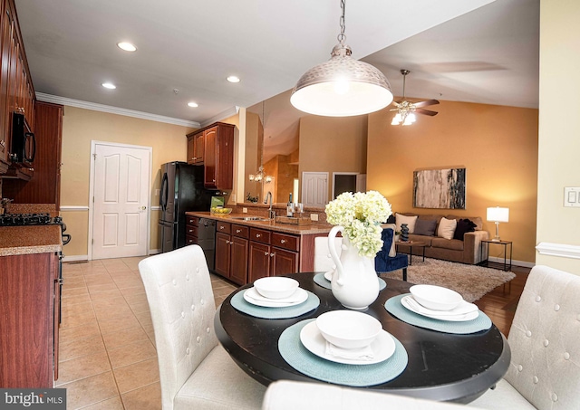 1423 Overlook Way, Bel Air, MD 21014 - dining room with baseboards, a ceiling fan, recessed lighting, crown molding, and light tile patterned flooring