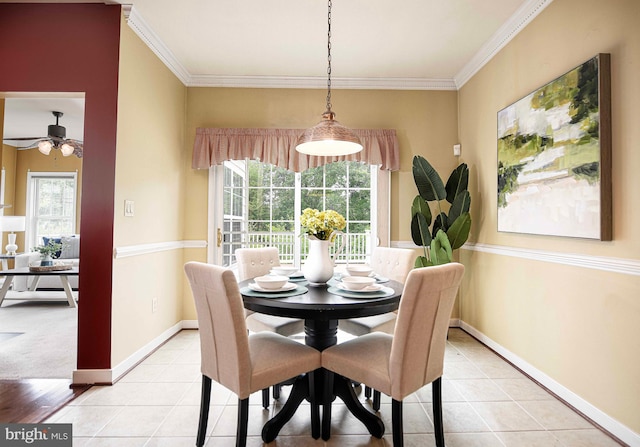 1423 Overlook Way, Bel Air, MD 21014 - dining space with ornamental molding, baseboards, a ceiling fan, and light tile patterned floors