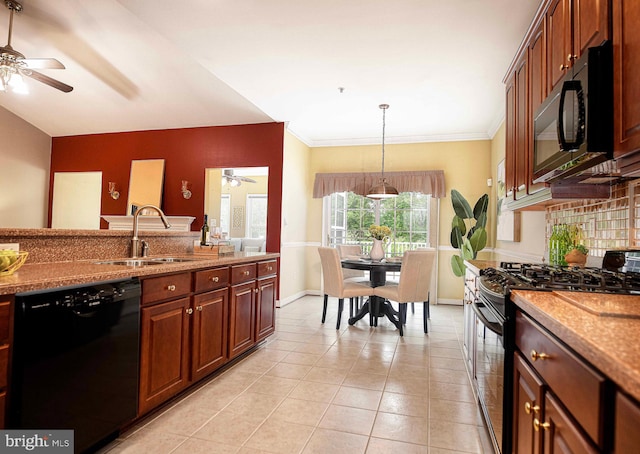 1423 Overlook Way, Bel Air, MD 21014 - kitchen with black appliances, ceiling fan, a sink, baseboards, and pendant lighting