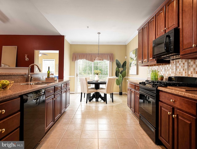 1423 Overlook Way, Bel Air, MD 21014 - kitchen featuring a sink, black appliances, tasteful backsplash, baseboards, and crown molding