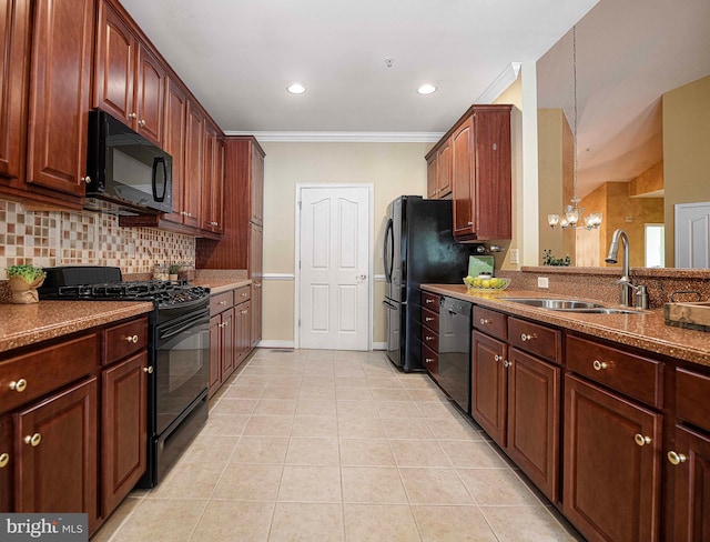 1423 Overlook Way, Bel Air, MD 21014 - kitchen featuring black appliances, a sink, a chandelier, tasteful backsplash, and light tile patterned flooring