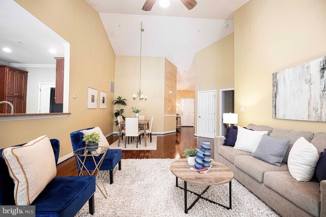1423 Overlook Way, Bel Air, MD 21014 - living room featuring high vaulted ceiling, wood finished floors, a chandelier, a ceiling fan, and baseboards