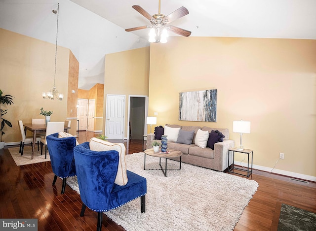 1423 Overlook Way, Bel Air, MD 21014 - living room featuring hardwood / wood-style flooring, high vaulted ceiling, baseboards, a ceiling fan, and a chandelier