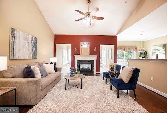 1423 Overlook Way, Bel Air, MD 21014 - living area featuring dark wood-style floors, a ceiling fan, baseboards, a premium fireplace, and high vaulted ceiling