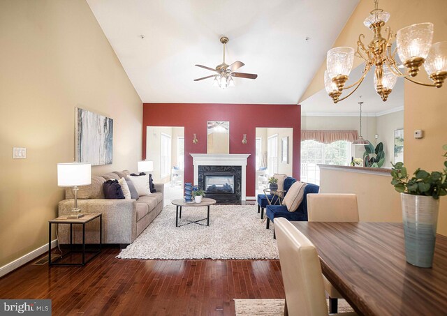1423 Overlook Way, Bel Air, MD 21014 - living room featuring high vaulted ceiling, a premium fireplace, ceiling fan, dark wood finished floors, and baseboards