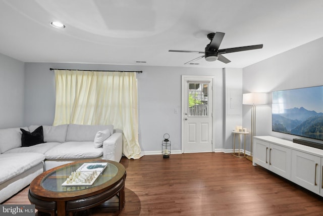 14617 Woodspring Ct, Centreville, VA 20120 - living room featuring a ceiling fan, wood finished floors, baseboards, and recessed lighting