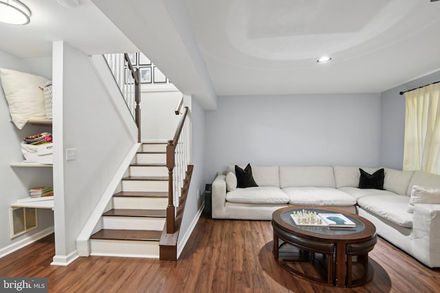 14617 Woodspring Ct, Centreville, VA 20120 - living room with wood finished floors, baseboards, stairway, and recessed lighting