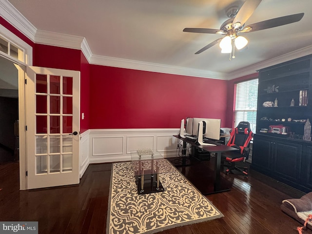 3348 Soaring Cir, Woodbridge, VA 22193 - office with hardwood / wood-style flooring, ceiling fan, ornamental molding, and wainscoting