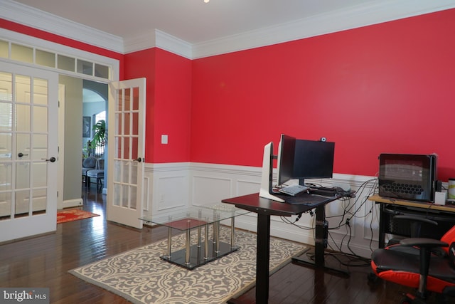 3348 Soaring Cir, Woodbridge, VA 22193 - office featuring french doors, wood-type flooring, wainscoting, and crown molding