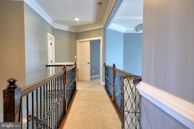3348 Soaring Cir, Woodbridge, VA 22193 - hall with ornamental molding, an upstairs landing, carpet flooring, and recessed lighting