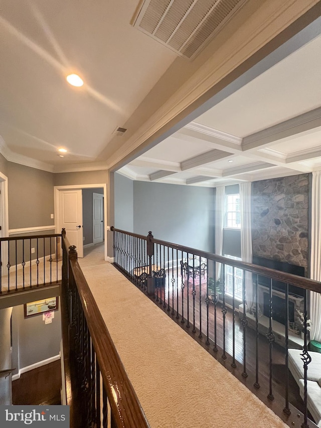 3348 Soaring Cir, Woodbridge, VA 22193 - hallway featuring an upstairs landing, coffered ceiling, beam ceiling, recessed lighting, and ornamental molding