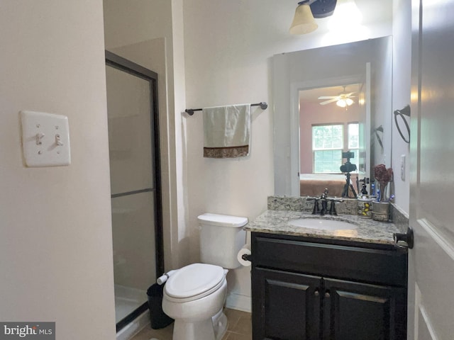 3348 Soaring Cir, Woodbridge, VA 22193 - ensuite bathroom featuring a shower stall, vanity, toilet, a ceiling fan, and tile patterned flooring