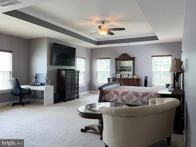3348 Soaring Cir, Woodbridge, VA 22193 - carpeted bedroom with a tray ceiling, multiple windows, baseboards, and ornamental molding