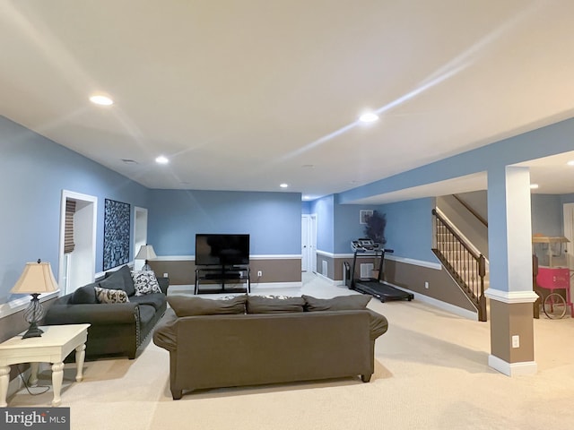 3348 Soaring Cir, Woodbridge, VA 22193 - carpeted living area featuring stairway, recessed lighting, and baseboards