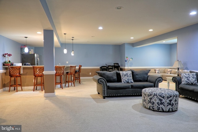 3348 Soaring Cir, Woodbridge, VA 22193 - living area with wet bar, carpet floors, recessed lighting, and baseboards