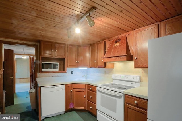 409 Julian St, Williamstown, PA 17098 - kitchen featuring white appliances, custom range hood, a sink, wooden ceiling, and light countertops