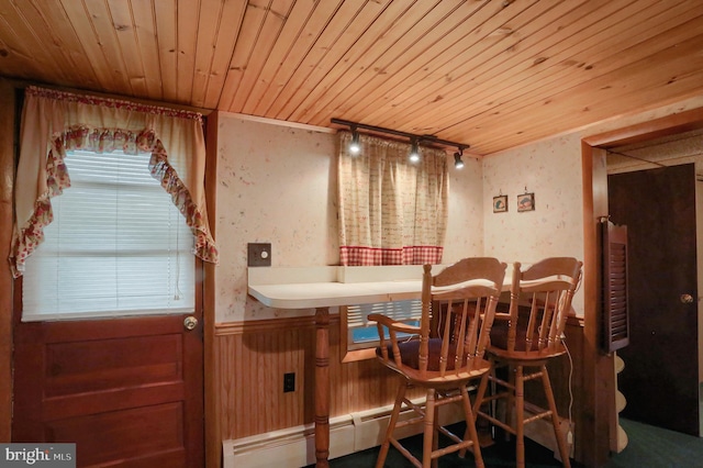 409 Julian St, Williamstown, PA 17098 - dining area featuring a wainscoted wall, wood ceiling, wood walls, and rail lighting