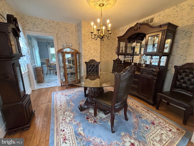 10 E Taunton Ave, Berlin, NJ 08009 - dining area with wallpapered walls, a chandelier, and hardwood / wood-style floors