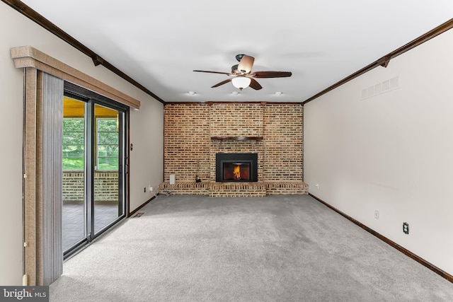 2 Raven Dr, Chadds Ford, PA 19317 - unfurnished living room with crown molding, a ceiling fan, a brick fireplace, carpet floors, and baseboards