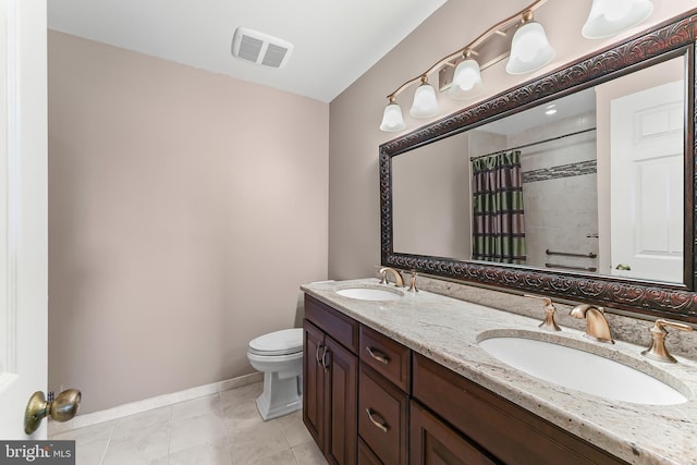 2 Raven Dr, Chadds Ford, PA 19317 - full bathroom featuring toilet, double vanity, a shower with shower curtain, tile patterned floors, and baseboards