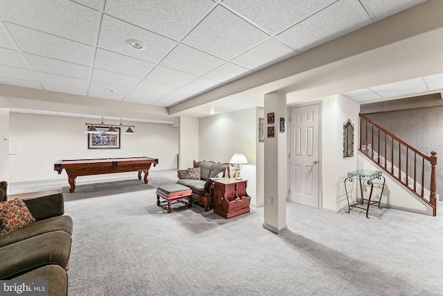 2 Raven Dr, Chadds Ford, PA 19317 - playroom with carpet floors, a paneled ceiling, baseboards, and billiards table