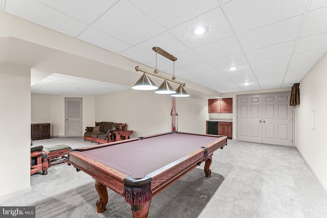 2 Raven Dr, Chadds Ford, PA 19317 - playroom featuring light colored carpet, a drop ceiling, pool table, and recessed lighting