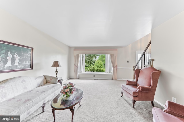2 Raven Dr, Chadds Ford, PA 19317 - living room with carpet flooring, baseboards, and stairway
