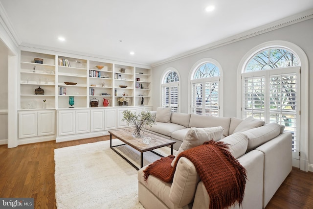 9630 Beman Woods Way, Potomac, MD 20854 - living area with ornamental molding, wood finished floors, and recessed lighting