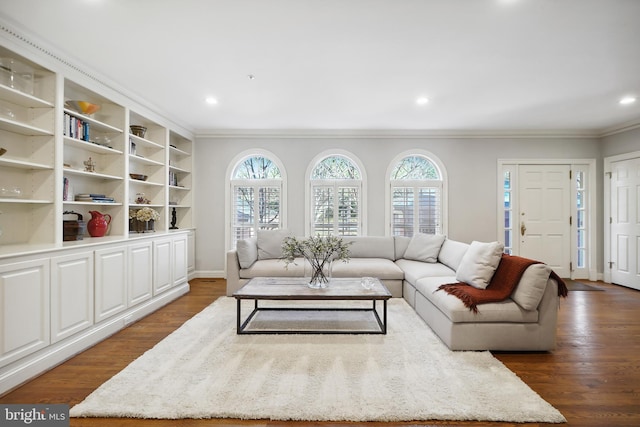9630 Beman Woods Way, Potomac, MD 20854 - living room with crown molding, plenty of natural light, dark wood-style flooring, recessed lighting, and baseboards