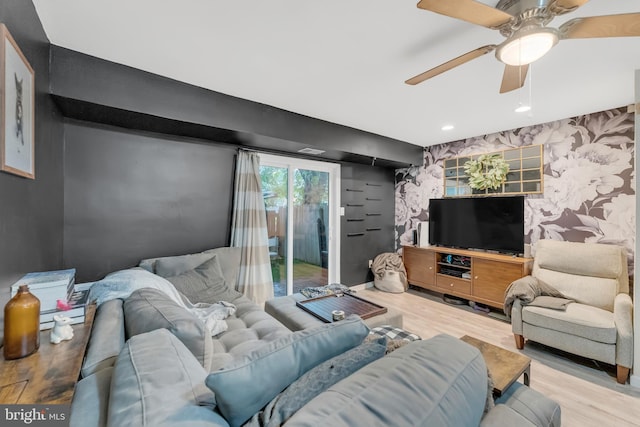 35 La Cascata, Clementon, NJ 08021 - living room with a ceiling fan, wood finished floors, recessed lighting, and wallpapered walls