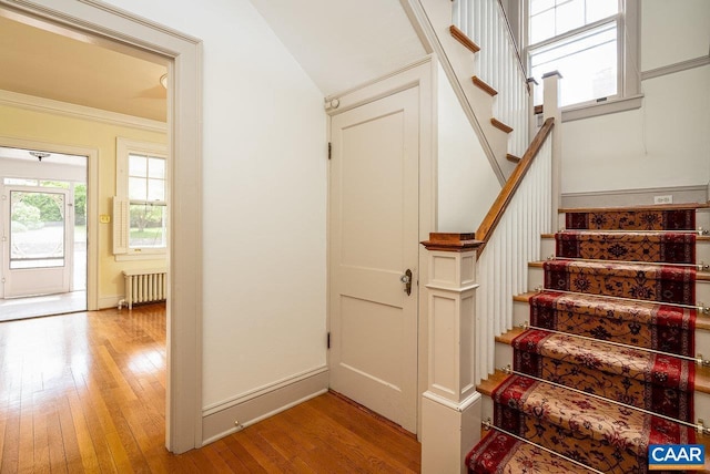 803 Alleghany Ave, Staunton, VA 24401 - stairway with radiator, wood-type flooring, and baseboards
