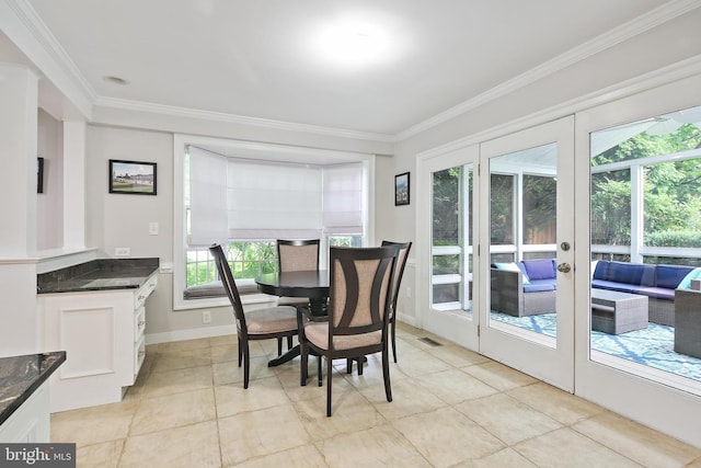 4 Old Elm Ct, Lutherville Timonium, MD 21093 - dining area with ornamental molding, light tile patterned flooring, french doors, and baseboards