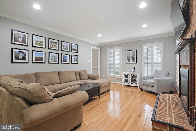 4 Old Elm Ct, Lutherville Timonium, MD 21093 - living area featuring ornamental molding, light wood-type flooring, recessed lighting, a fireplace, and baseboards