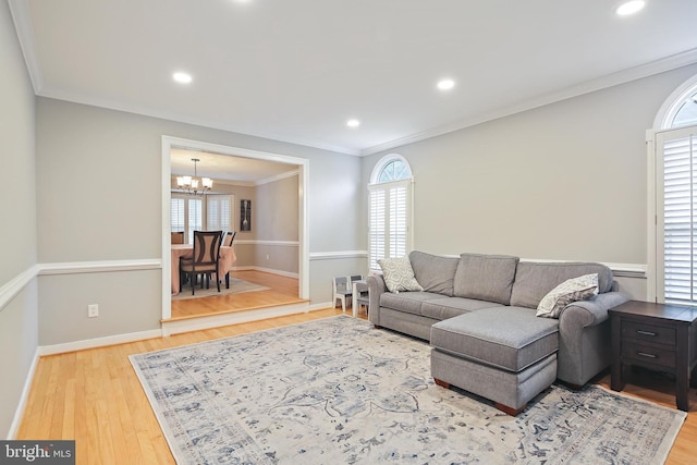 4 Old Elm Ct, Lutherville Timonium, MD 21093 - living room with a chandelier, wood finished floors, crown molding, recessed lighting, and baseboards