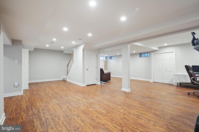 4 Old Elm Ct, Lutherville Timonium, MD 21093 - finished basement featuring wood finished floors, stairway, recessed lighting, and baseboards