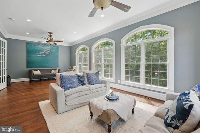 2555 Vale Ridge Ct, Oakton, VA 22124 - living area with a ceiling fan, recessed lighting, crown molding, wood finished floors, and baseboards