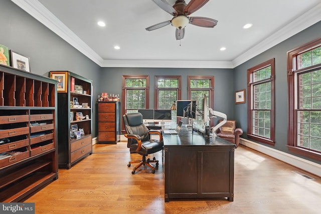 2555 Vale Ridge Ct, Oakton, VA 22124 - office area featuring light wood finished floors, ornamental molding, a ceiling fan, recessed lighting, and baseboards