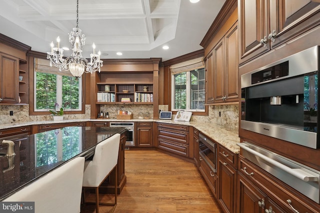 2555 Vale Ridge Ct, Oakton, VA 22124 - kitchen featuring open shelves, a warming drawer, stainless steel appliances, coffered ceiling, and ornamental molding