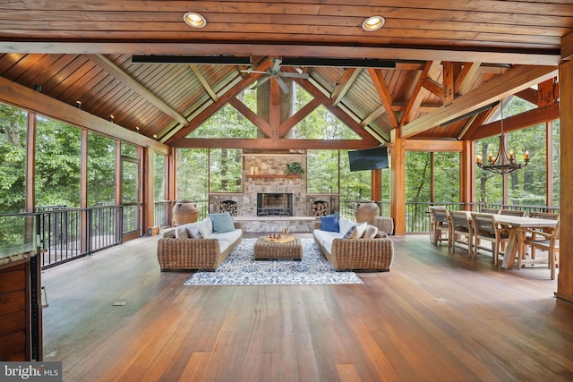 2555 Vale Ridge Ct, Oakton, VA 22124 - living room featuring ceiling fan, high vaulted ceiling, a fireplace, wooden ceiling with exposed beams, and wood finished floors