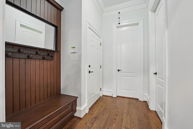 2555 Vale Ridge Ct, Oakton, VA 22124 - mudroom with crown molding, dark wood-style flooring, and baseboards