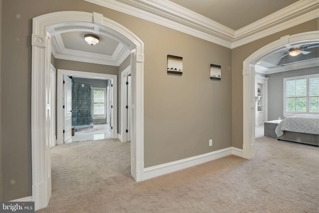 2555 Vale Ridge Ct, Oakton, VA 22124 - hall featuring carpet, crown molding, plenty of natural light, and arched walkways