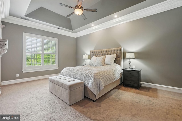 2555 Vale Ridge Ct, Oakton, VA 22124 - carpeted bedroom featuring crown molding, baseboards, a tray ceiling, a ceiling fan, and recessed lighting