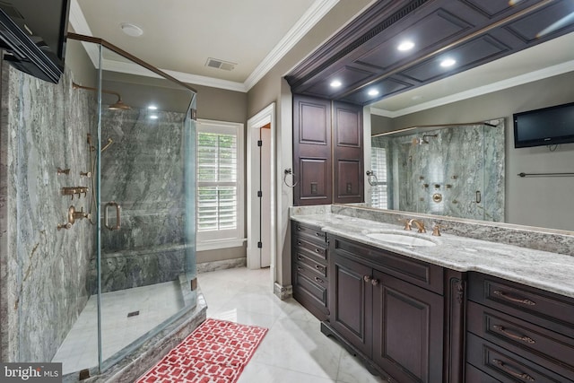 2555 Vale Ridge Ct, Oakton, VA 22124 - bathroom with a marble finish shower, vanity, and crown molding